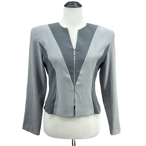 Grays Jackets & Blazers - Jason Mathews Womens 4 Grey Geometric Colorblock Zip Up Jacket Collarless Mod